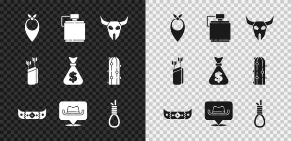 Set Cowboy bandana, Kanteen waterfles, Buffalo schedel, Kajak of kano peddel, Locatie cowboy, Gallows touw lus opknoping, Quiver met pijlen en Geld zak pictogram. Vector — Stockvector