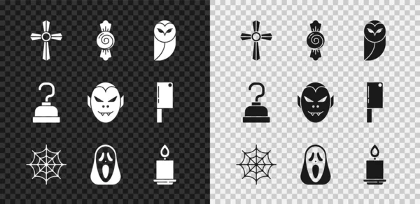 Tombstone 'u haç, şeker, baykuş, örümcek ağı, komik korkunç hayalet maskesi, yanan mum, korsan kancası ve vampir ikonu ile ayarla. Vektör — Stok Vektör