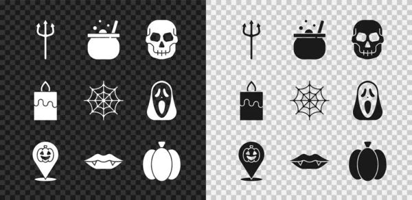 Set Neptune Trident, Halloween witch cauldron, Skull, Pumpkin, Vampire teeth, Burning candle and Spider web icon. Vector — Stock Vector