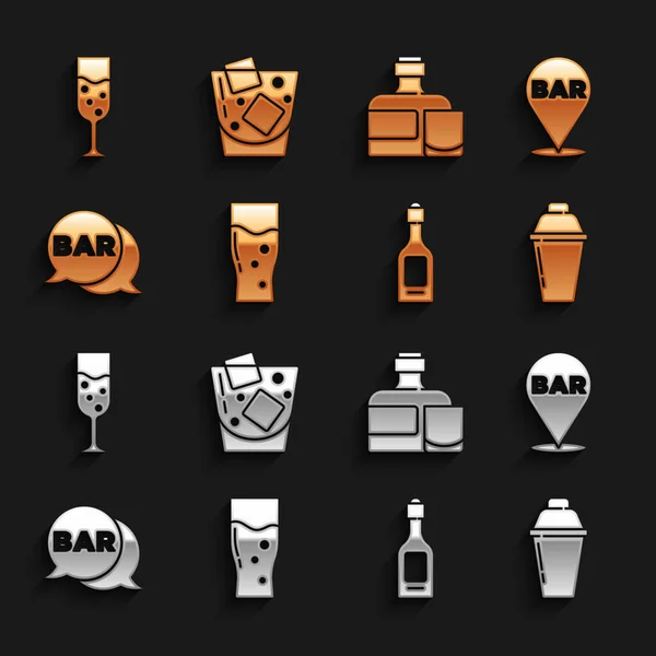 Set Glas Bier, Lage der Alkoholbar, Cocktailshaker, Champagnerflasche, Straßenschild mit Bar, Whiskey und Glas, Champagner und Whiskey-Symbol. Vektor — Stockvektor