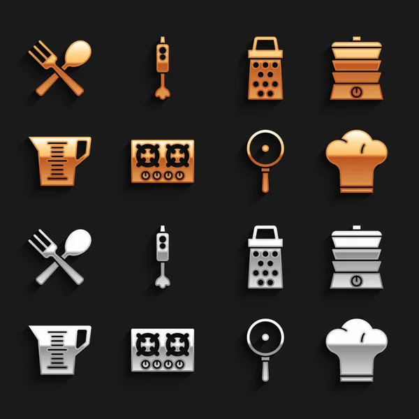 Set Estufa de gas, cocina lenta, sombrero de chef, sartén, taza de medir, rallador, tenedor cruzado y cuchara e icono de licuadora. Vector — Vector de stock