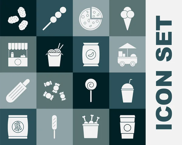 Set coffee cup to go, Milkshake, Fast street food cart, Pizza, Asian mi and chopsticks, Street stall with awning, Chicken nuggets and Bag or packet potato chips icon. Vektor Stok Vektor