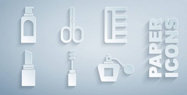 Saç fırçası, saç fırçası, ruj, parfüm, makas ve sprey kutusunu saç spreyi ikonu için ayarla. Vektör