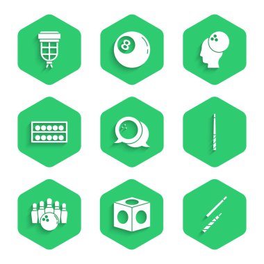 Bowling topu, bilardo tebeşiri, işaret, iğne ve toplar hazır olsun. Vektör