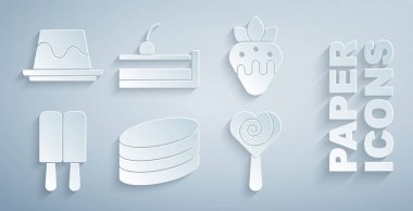 Brownie çikolatalı pasta, çilekli pasta, dondurma, lolipop, kirazlı cheesecake ve muhallebi ikonu. Vektör