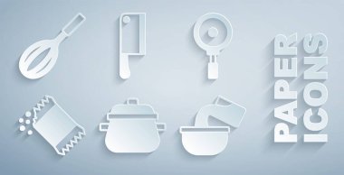 Yemek tenceresi, kızartma tavası, bir paket biber, tencere, et helikopteri ve mutfak çırpıcı ikonu hazırla. Vektör