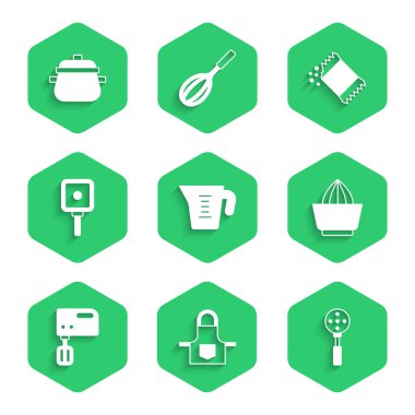 Ölçme kabı, mutfak önlüğü, Spatula, meyve sıkacağı, elektrikli karıştırıcı, kızartma tavası, biber paketi ve tencere ikonu. Vektör