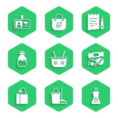 Alış veriş sepeti, paspas ve kova, sos şişesi, şeker, ekmekli kağıt torbası, baharat kutusu, kalem ve kimlik kartı ikonu. Vektör