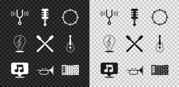 Set Musikalische Stimmgabel, Mikrofon, Tamburin, Note, Ton, Trompete, Akkordeon, Notenschlüssel und Schlagzeug-Sticks-Symbol. Vektor — Stockvektor