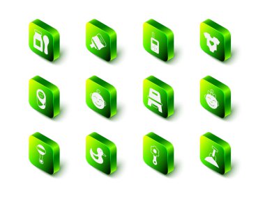 Bebek şişesi, telsiz telsizi, kıyafetler, küçük kız kafası, kum ve kürekle kum havuzu, lazımlık, oyuncak bebek ve plastik ördek ikonu. Vektör