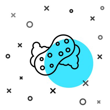 Beyaz zemin üzerinde baloncuk simgesi olan siyah çizgi süngeri. Bulaşık yıkamak için bir tutam Bast. Temizlik servisi logosu. Rastgele dinamik şekiller. Vektör