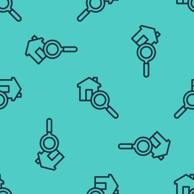 Siyah çizgi arama evi simgesi yeşil arka planda kusursuz desen izole etti. Büyüteç altındaki bir evin emlak sembolü. Vektör