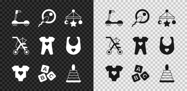 Set Patinete scooter, esperma, cuna colgando juguetes, ropa, bloques ABC, pirámide, cochecito e icono. Vector — Archivo Imágenes Vectoriales