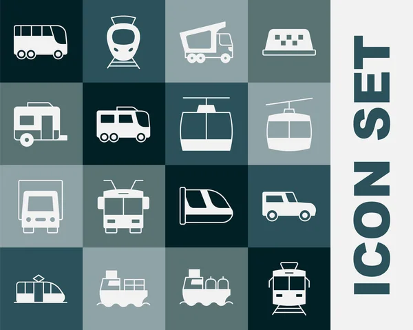 Set Tram en trein, Auto, Kabelbaan, Levering vrachtwagen, Bus, Rv Camping trailer, en pictogram. Vector — Stockvector