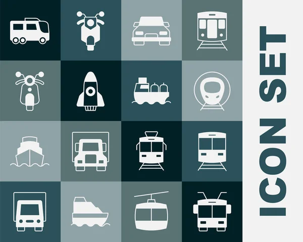 Set trolleybus, trein en trein, auto, raket schip, scooter, bus-en olietanker pictogram. Vector — Stockvector