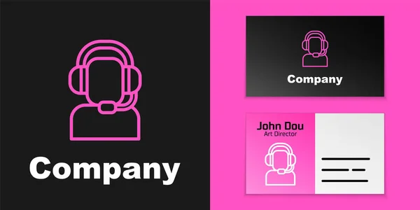 Pink line Man with a headset icon isolated on black background. Support operator in touch. Concept for call center, client support service. Logo design template element. Vector — Stock Vector