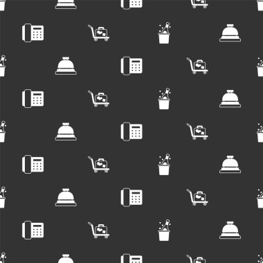 Şampanya şişesi, otel servis zili, telefon ahizesi ve tramvay valizi. Vektör