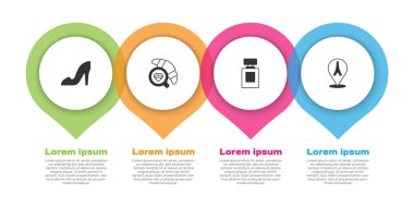 Set Kadın ayakkabısı, kruvasanlı kahve fincanı, parfüm ve Eyfel kulesi. Ticari bilgi şablonu. Vektör