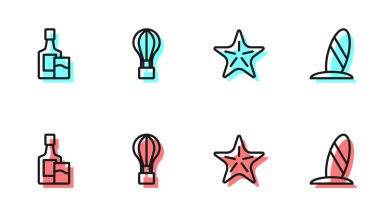 Denizyıldızı, viski şişesi ve cam, sıcak hava balonu ve sörf tahtası ikonu. Vektör