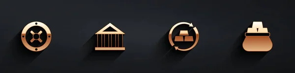 Set de caja fuerte, edificio del banco, dinero de intercambio de oro y bolsa de barras de oro icono con sombra larga. Vector — Archivo Imágenes Vectoriales