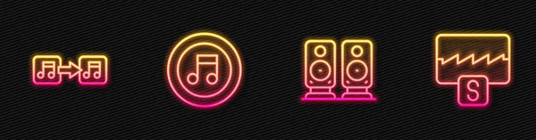 Set line Stereo speaker, Music note, tone, and wave equalizer. Glowing neon icon. Vector — Stock Vector