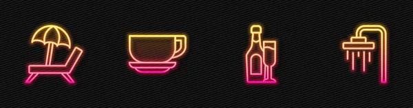Set línea botella de champán con vidrio, sombrilla, taza de café y ducha. Icono de neón brillante. Vector — Archivo Imágenes Vectoriales