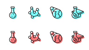 Çizgi Dünya küresi, test tüpü, kimyasal formül ve mezuniyet ikonu. Vektör