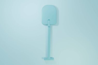 Mavi Kürek simgesi mavi arkaplanda izole edildi. Bahçe aletleri. Bahçecilik, tarım, çiftçilik aleti. Minimalizm kavramı. 3 Boyutlu resimleme.