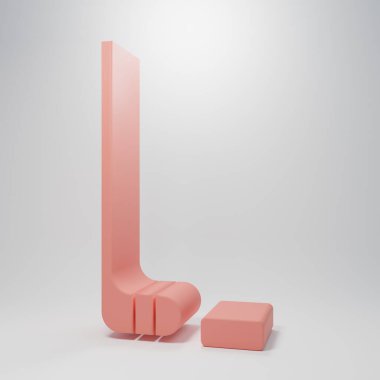 Pembe buz hokeyi sopası ve pembe arka planda izole edilmiş disk ikonu. Minimalizm kavramı. 3 Boyutlu resimleme.