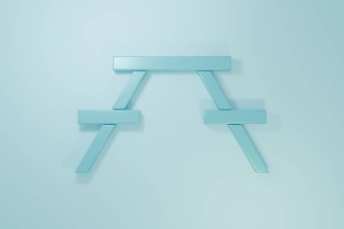 Masa simgesinin her iki tarafında da mavi arkaplan izole sıraları olan mavi piknik masası. Minimalizm kavramı. 3 Boyutlu resimleme.
