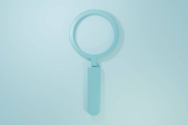 Mavi arkaplanda mavi büyüteç simgesi izole edildi. Arama, odaklanma, yakınlaştırma, iş sembolü. Minimalizm kavramı. 3 Boyutlu resimleme.