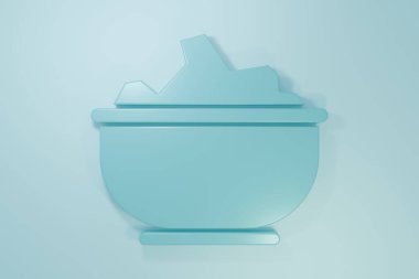 Blue Sea salt in a bowl icon isolated on blue background. Minimalism concept. 3D render illustration.
