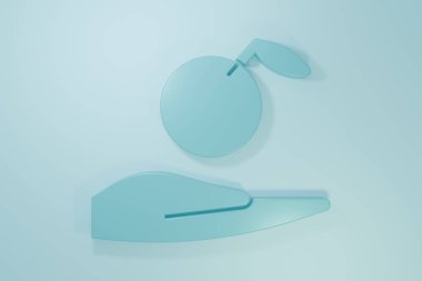 Blue Apple in hand icon isolated on blue background. Fruit with leaf symbol. Minimalism concept. 3D render illustration.