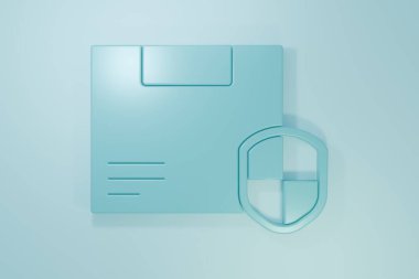 Mavi Teslimat güvenliği, mavi arka planda kalkan simgesi var. Teslimat sigortası. Kalkanın ötesinde sigorta kutuları var. Minimalizm kavramı. 3 Boyutlu resimleme.
