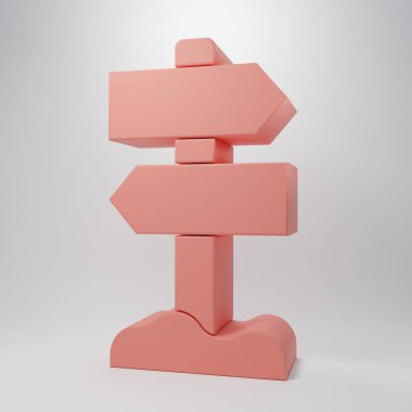 Pembe yol trafik levhası. Pembe arkaplanda izole edilmiş işaret simgesi. İşaretçi sembolü. Sokak bilgi tabelası. Yön tabelası. Minimalizm kavramı. 3 Boyutlu resimleme.