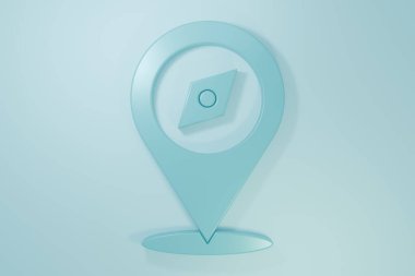 Mavi Pusula simgesi mavi arkaplanda izole edildi. Rüzgâr yön bulma sembolü. Rüzgar gül işareti. Minimalizm kavramı. 3 Boyutlu resimleme.