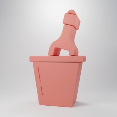 Pembe arka planda izole edilmiş buz kovası ikonunda pembe şampanya şişesi. Minimalizm kavramı. 3 Boyutlu resimleme.