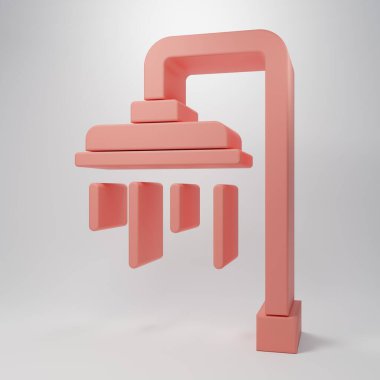 Pembe duş başlığında pembe zemin üzerinde su damlaları akan ikon izole edilmiş. Minimalizm kavramı. 3 Boyutlu resimleme.