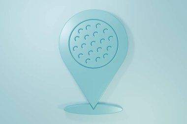 Blue Map pointer with golf sport club icon isolated on blue background. Minimalism concept. 3D render illustration.