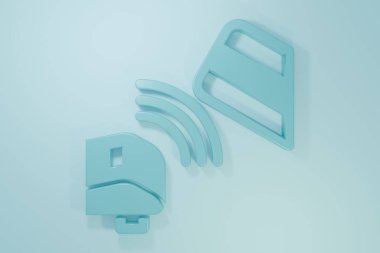 Mavi POS terminali, eklenen kredi kartı ve basılı tarif simgesi mavi arka planda izole edilmiş. NFC ödeme konsepti. Minimalizm kavramı. 3 Boyutlu resimleme .