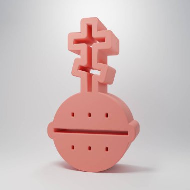 Pembe Hıristiyan haç simgesi pembe arka planda izole edilmiş. Kilise haçı. Minimalizm kavramı. 3 Boyutlu resimleme.