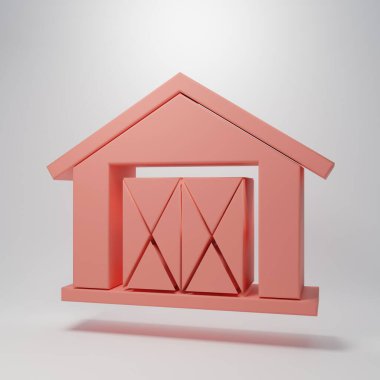 Pembe Çiftlik Evi ikonu pembe arka planda izole edilmiş. Minimalizm kavramı. 3 Boyutlu resimleme.