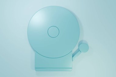 Mavi alarm zili simgesi mavi arkaplanda izole edildi. Yangın alarmı. Servis zili, el zili işareti, uyarı sembolü. Minimalizm kavramı. 3 Boyutlu resimleme.