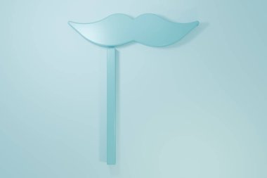 Blue Paper mustache on stick icon isolated on blue background. Concept with cardboard carnival mask. Mask for a photo shoot. Minimalism concept. 3D render illustration.