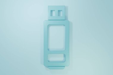 Mavi USB flash disk simgesi mavi arkaplanda izole edildi. Minimalizm kavramı. 3 Boyutlu resimleme.
