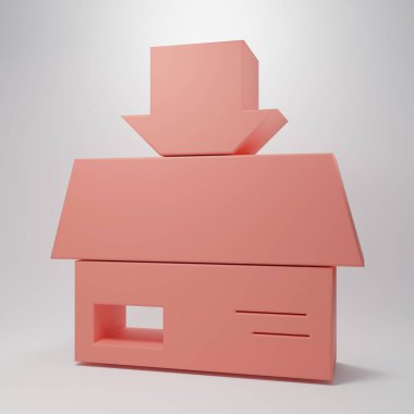 Pembe karton kutu simgesi pembe arka planda izole edilmiş. Kutu, paket, paket işareti. Teslimat ve ambalaj. Minimalizm kavramı. 3 Boyutlu resimleme.