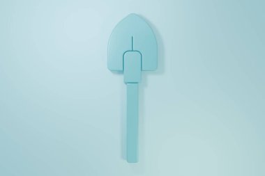 Mavi Kürek simgesi mavi arkaplanda izole edildi. Bahçe aletleri. Bahçecilik, tarım, çiftçilik aleti. Minimalizm kavramı. 3 Boyutlu resimleme.