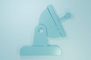 Mavi uydu çanak ikonu mavi arkaplanda izole edildi. Radyo anten, astronomi ve uzay araştırması. Minimalizm kavramı. 3 Boyutlu resimleme.