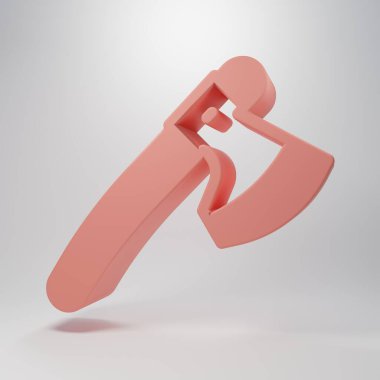 Pembe tahta balta ikonu pembe arka planda izole edilmiş. Oduncu baltası. Minimalizm kavramı. 3 Boyutlu resimleme.