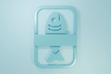 Blue Fish plastic tray container with cellophane cover icon isolated on blue background. Minimalism concept. 3D render illustration .